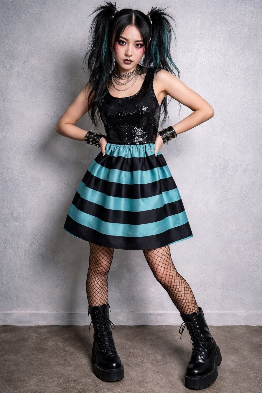 Sequin Fit & Flare Dress Size 4 Black Teal Striped Skirt Edgy Party Goth Chic